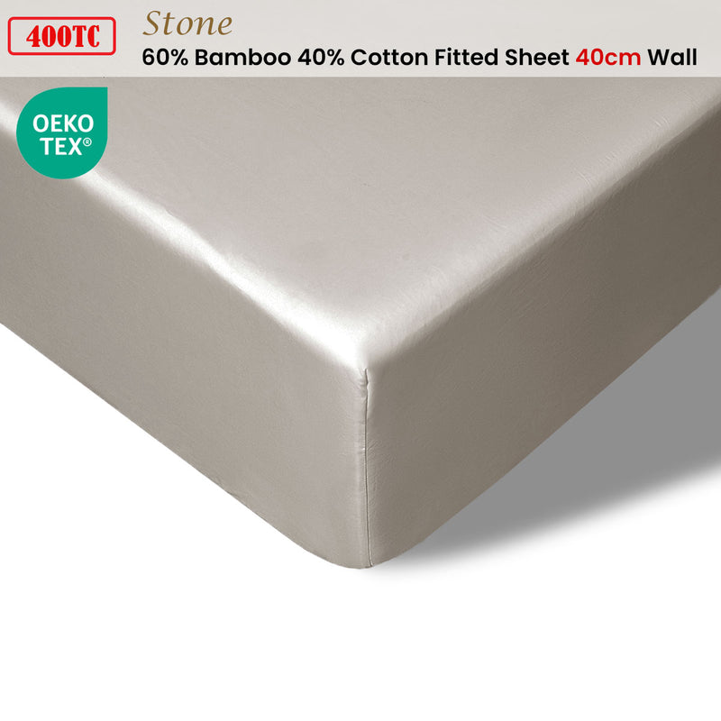 Accessorize 400TC Stone Bamboo Cotton Fitted Sheet 40cm Wall Single