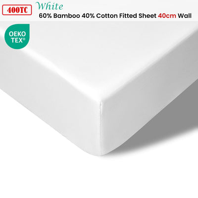 Accessorize 400TC White Bamboo Cotton Fitted Sheet 40cm Wall Double