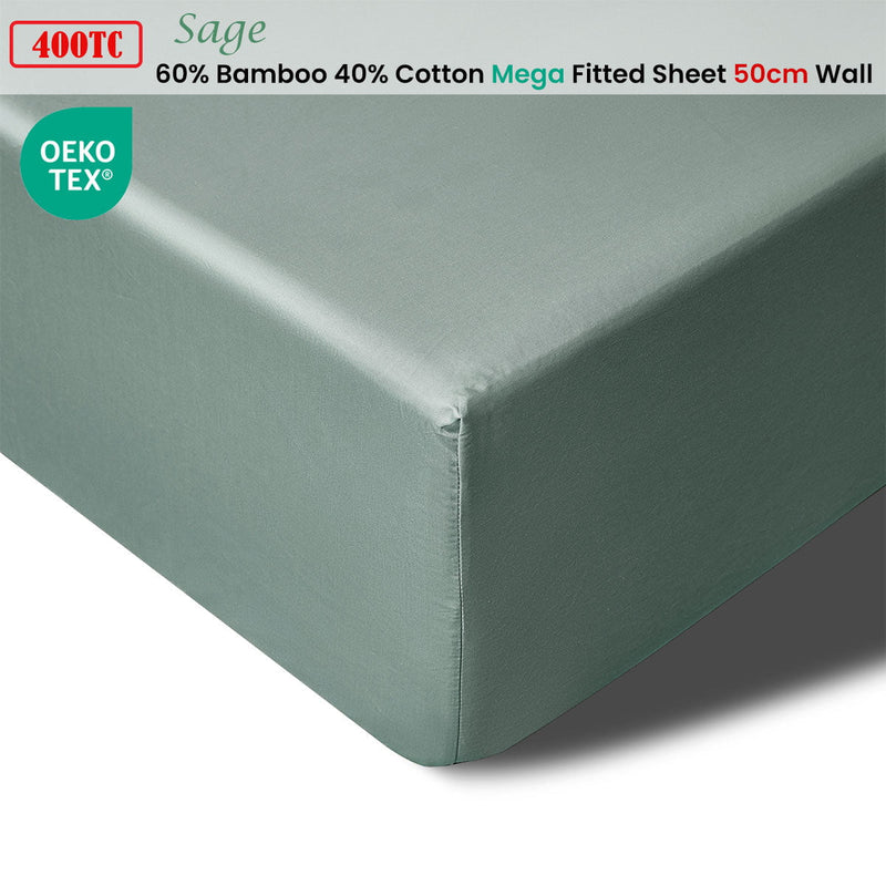 Accessorize 400TC Sage Bamboo Cotton Mega / Super Fitted Sheet 50cm Wall King