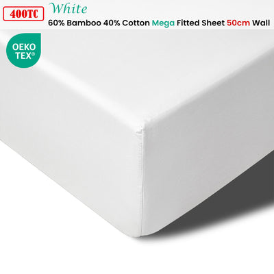 Accessorize 400TC White Bamboo Cotton Mega / Super Fitted Sheet 50cm Wall King