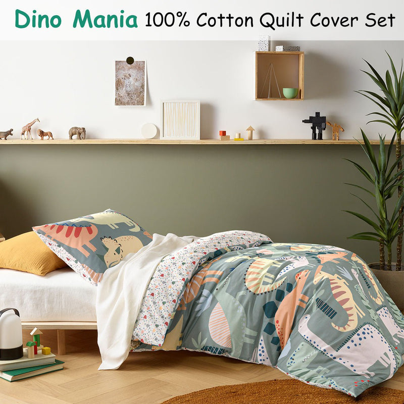 Happy Kids Dino Mania Green Cotton Quilt Cover Set Double