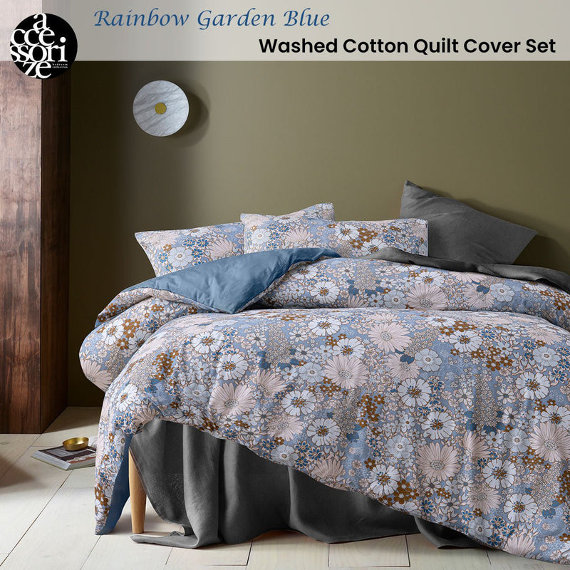 Accessorize Rainbow Garden Blue Washed Cotton Quilt Cover Set King