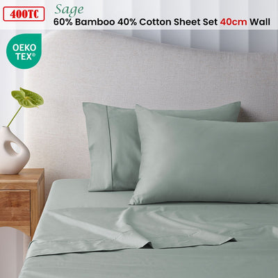 Accessorize 400TC Sage Bamboo Cotton Sheet Set 40cm Wall Queen