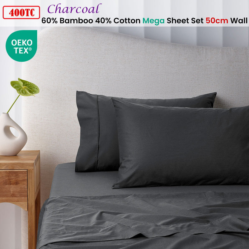 Accessorize 400TC Charcoal Bamboo Cotton Mega / Super Sheet Set 50cm Wall Super King