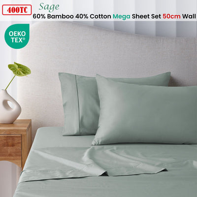 Accessorize 400TC Sage Bamboo Cotton Mega / Super Sheet Set 50cm Wall King