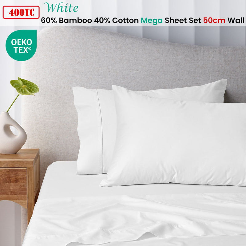 Accessorize 400TC White Bamboo Cotton Mega / Super Sheet Set 50cm Wall Queen