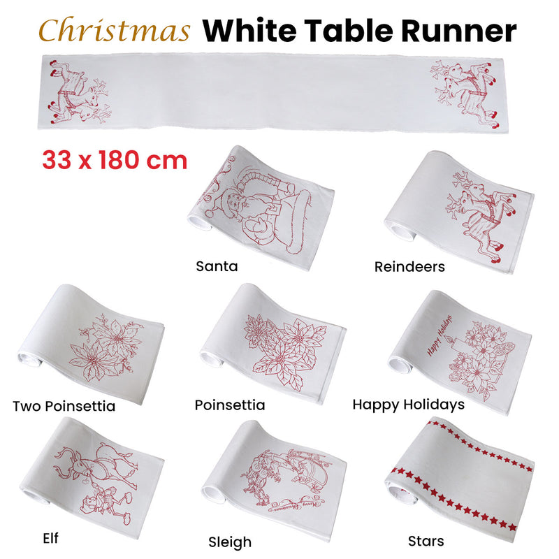 Christmas Print White Table Runner 33 x 180cm Two Poinsettia