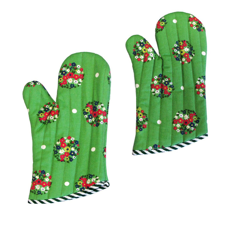 Set of 2 100% Cotton Printed Oven Mitts 34 x 15 cm Green Blossom