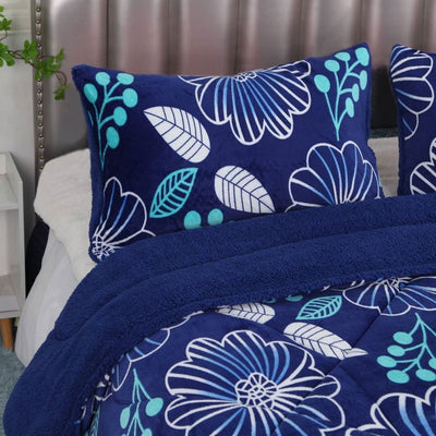 Ramesses Blue Flower Printed Sherpa Flannel Fleece Reversible Blanket Set Queen/King