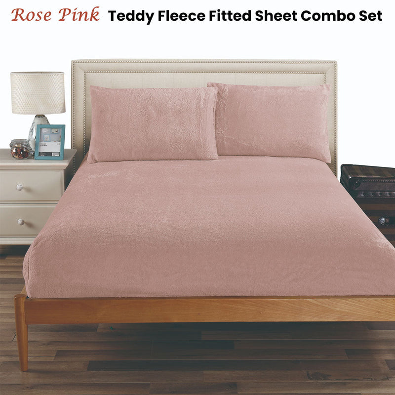 Ramesses Teddy Fleece Fitted Sheet Combo Set Rose Pink Double