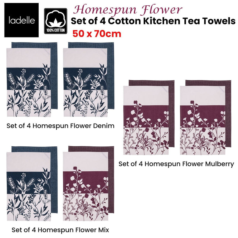 Ladelle Set of 4 Homespun Flower Cotton Kitchen Tea Towels 50 x 70 cm Mix