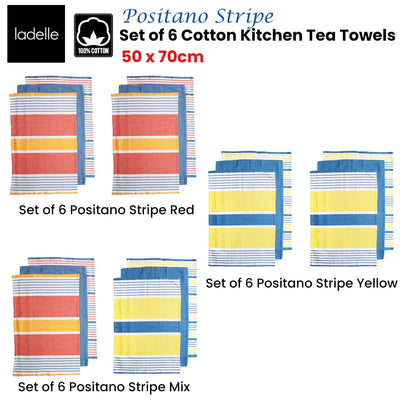 Ladelle Set of 6 Positano Stripe Cotton Kitchen Tea Towels 50 x 70 cm Mix