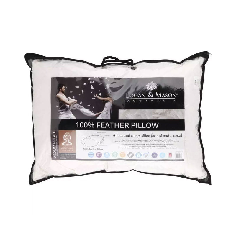 Logan and Mason 1200gsm 100% Feather Fill One Standard Pillow 48 x 73 cm