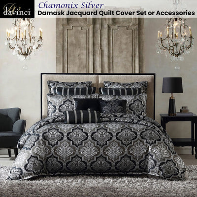 Davinci Chamonix Silver Damask Jacquard Quilt Cover Set Queen