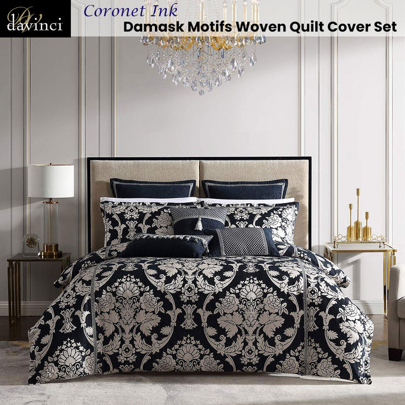 Davinci Coronet Ink Damask Motifs Woven Quilt Cover Set King