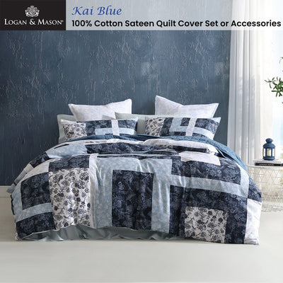 Logan and Mason 250TC Kai Blue Cotton Sateen Quilt Cover Set Super King