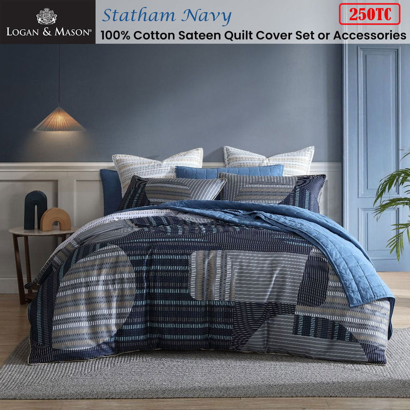 Logan & Mason Statham Navy 250TC 100% Cotton Sateen Quilt Cover Set Queen