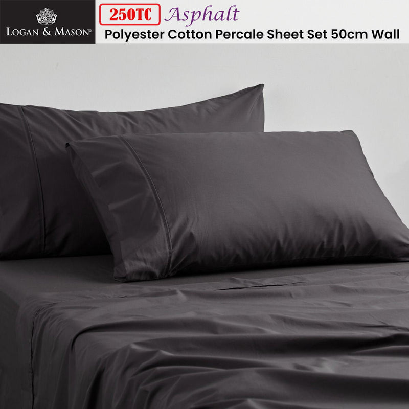 Logan and Mason 250TC 50% Polyester 50% Cotton Percale Sheet Set Asphalt 50cm Wall Queen