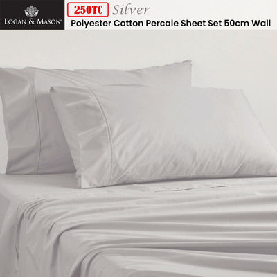 Logan and Mason 250TC 50% Polyester 50% Cotton Percale Sheet Set Silver 50cm Wall Queen