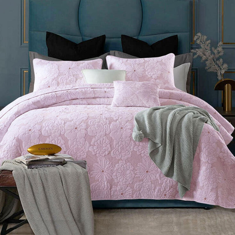 Cotton Rich Lightly Quilted Coverlet Set Floriade Pink Queen