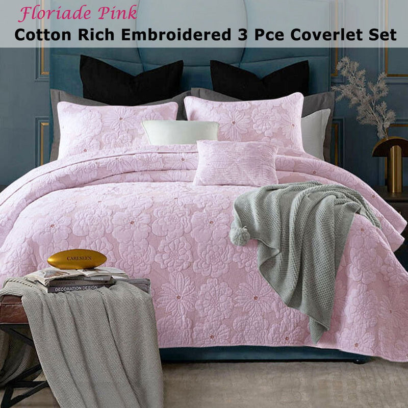 Cotton Rich Lightly Quilted Coverlet Set Floriade Pink Queen