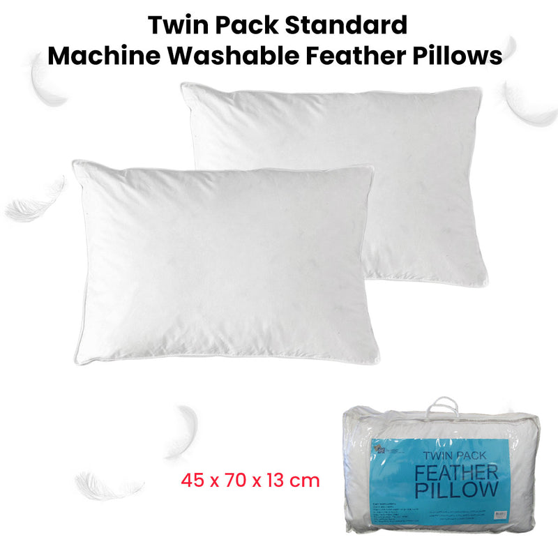 At Home Homewares Pack of 2 Standard Machine Washable Feather Pillows 45 x 70 +13 cm
