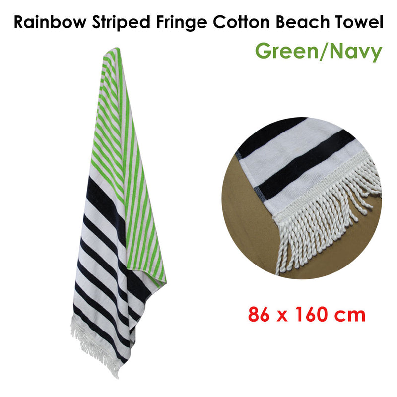 Onkaparinga Rainbow Striped Fringe Cotton Beach Towel Green/Navy