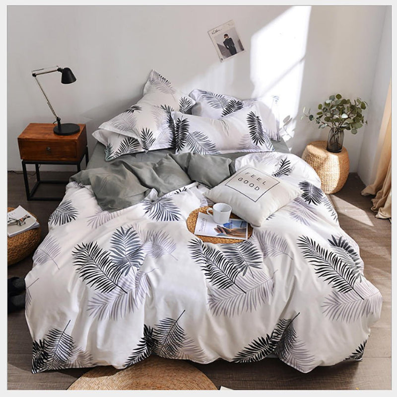 Palm Leaves Pattern Aloe Cotton Flat Sheet Quilt Cover Pillowcases 4pcs Bedding Set (Double)