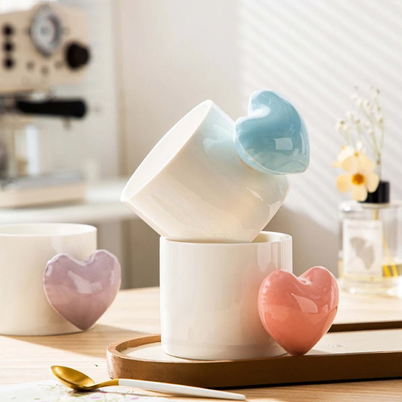 Lovely 5D Heart Love Ceramic Cup Mug Puffy Heart Handle with Gift Box (Blue)