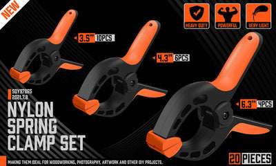 20Pc Spring Clamps Set Heavy Duty Nylon Clips 3 Sizes Non-Slip Grip TPR Handle