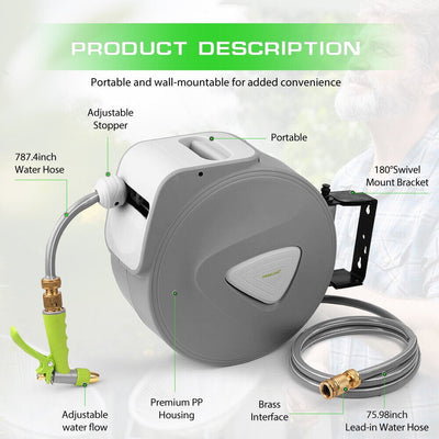 Garden Spray Gun Auto Rewind Wall Water Hose Mount Hose Reel 20M Retractable