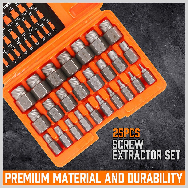 25Pc Screw Extractor Set Multi-Spline Easy Out Broken Bolt Remover Tool Hex Head