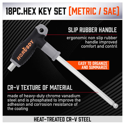 18-Piece T-Handle Hex Key Set, SAE/Imperial & Metric Sizes Allen Wrench Set Long Arm with Ball End