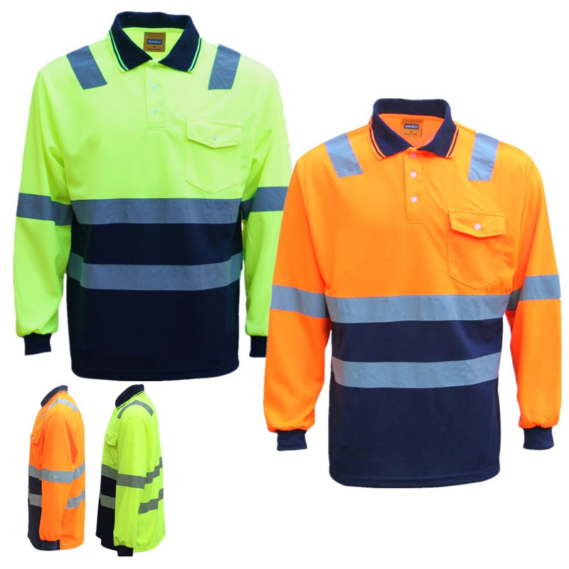 HI VIS Long Sleeve Workwear Shirt w Reflective Tape Cool Dry Safety Polo 2 Tone, Fluoro Yellow /Navy, XL