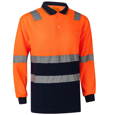 HI VIS Long Sleeve Workwear Shirt w Reflective Tape Cool Dry Safety Polo 2 Tone, Fluoro Yellow /Navy, XL