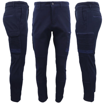 Men's Cotton Drill Cargo Work Pants UPF 50+ 13 Pockets Tradies Workwear Trousers, Navy, 32