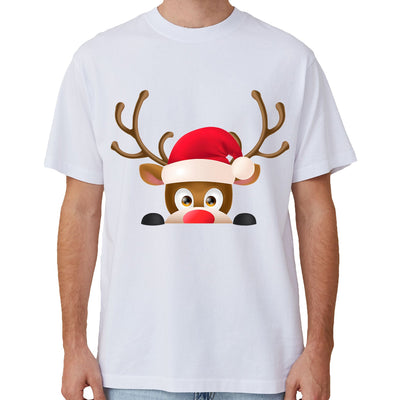 100% Cotton Christmas T-shirt Adult Unisex Tee Tops Funny Santa Party Custume, Reindeer Head (White), S
