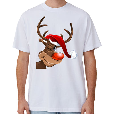 100% Cotton Christmas T-shirt Adult Unisex Tee Tops Funny Santa Party Custume, Reindeer Wink (White), L