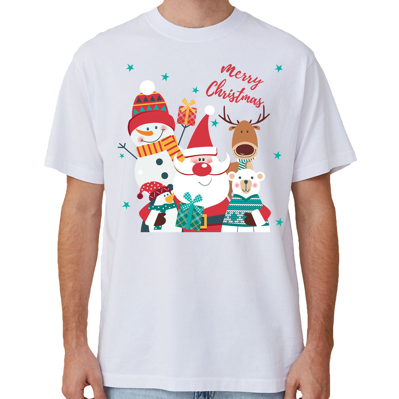 100% Cotton Christmas T-shirt Adult Unisex Tee Tops Funny Santa Party Custume, Santa Gathering (White), L