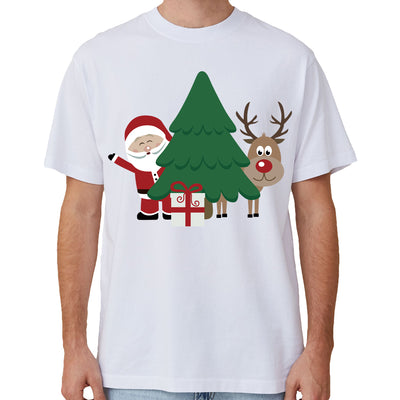 100% Cotton Christmas T-shirt Adult Unisex Tee Tops Funny Santa Party Custume, Santa with Tree (White), S
