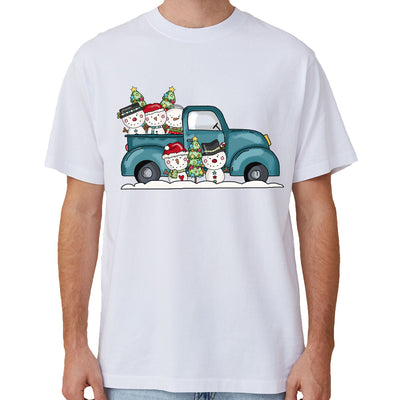 100% Cotton Christmas T-shirt Adult Unisex Tee Tops Funny Santa Party Custume, Car with Snowman (White), 3XL