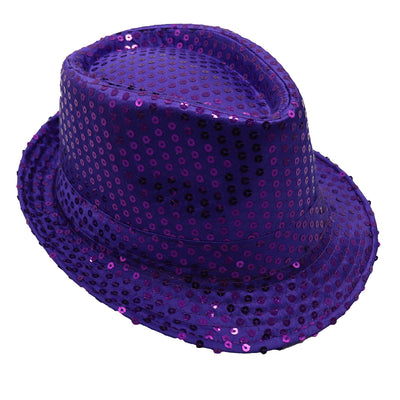 Adults Kids Unisex Sequin Fedora Hat Dance Cap Solid Jazz Party Glitter Costume, Purple