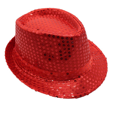Adults Kids Unisex Sequin Fedora Hat Dance Cap Solid Jazz Party Glitter Costume, Red