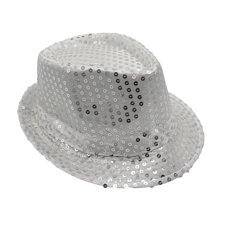 Adults Kids Unisex Sequin Fedora Hat Dance Cap Solid Jazz Party Glitter Costume, Silver