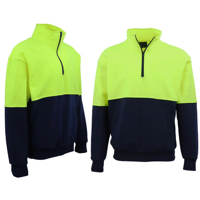 Hi Vis Safety Fleecy Half Zip Pullover Jumper Jacket Sweater Shirts Workwear, Fluro Yellow / Navy, S