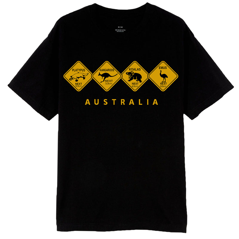 Adult Unisex 100% Cotton T Shirt Australia Wildlife Road Sign Souvenir Tee Tops, Black, M