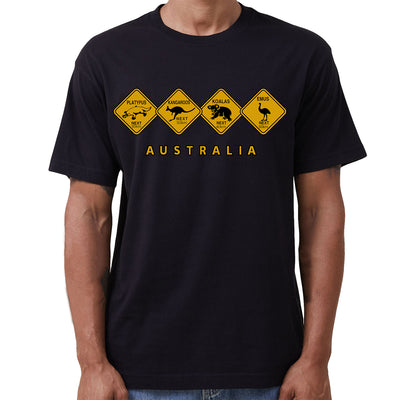 Adult Unisex 100% Cotton T Shirt Australia Wildlife Road Sign Souvenir Tee Tops, Black, 2XL
