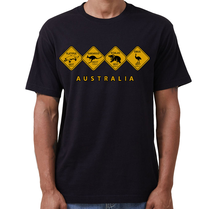 Adult Unisex 100% Cotton T Shirt Australia Wildlife Road Sign Souvenir Tee Tops, Black, 2XL