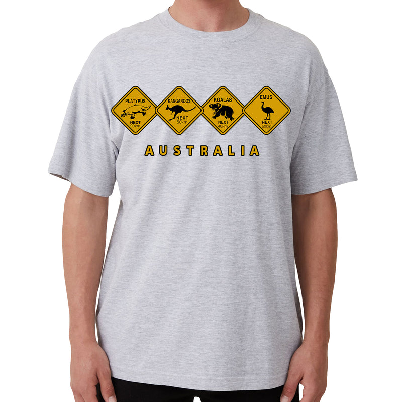 Adult Unisex 100% Cotton T Shirt Australia Wildlife Road Sign Souvenir Tee Tops, Grey, S