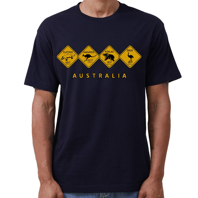 Adult Unisex 100% Cotton T Shirt Australia Wildlife Road Sign Souvenir Tee Tops, Navy, M